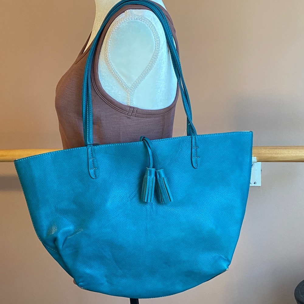 Teal faux leather reversible tote